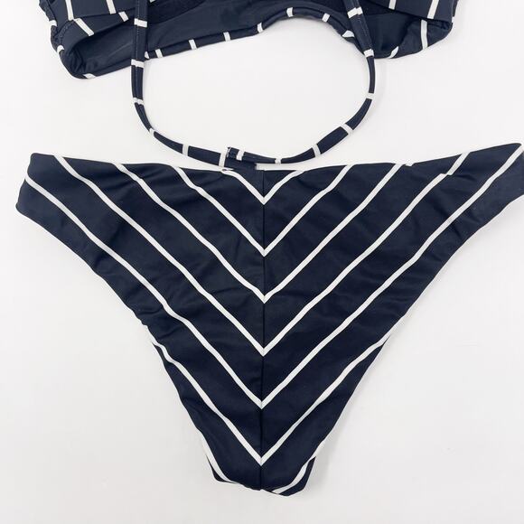 Black White XS Striped Bikini Set Tie Back Triangle Swimsuit Hipster Bottom - Picture 7 of 7